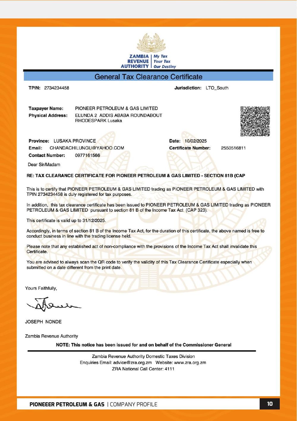 ZRA Tax Clearance Certificate